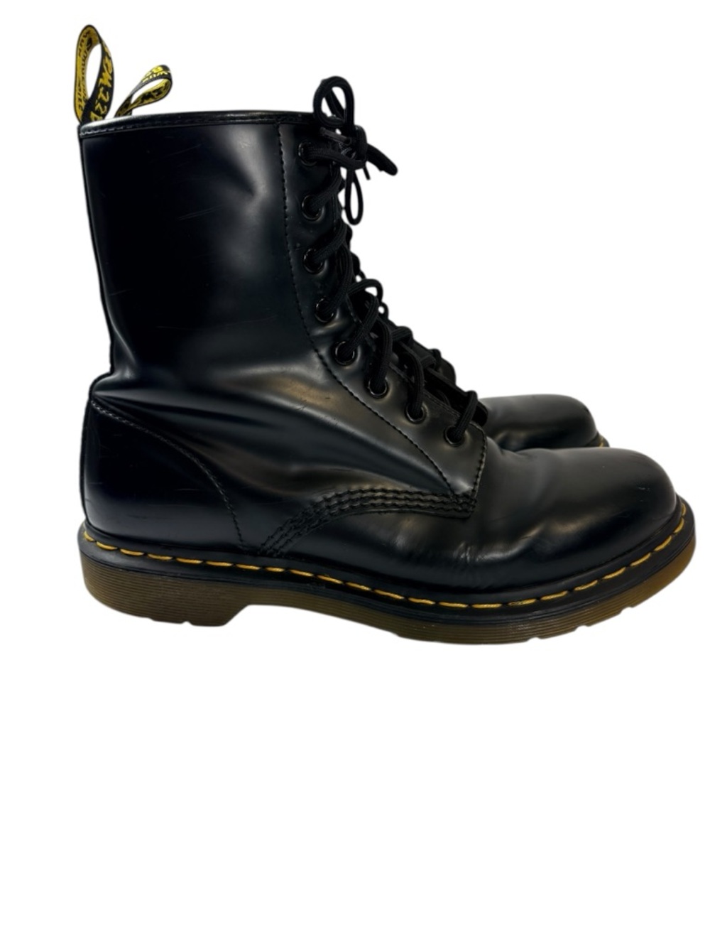 Dr. Martens Black Leather 8-Eye Combat Boots with Yellow Stitching